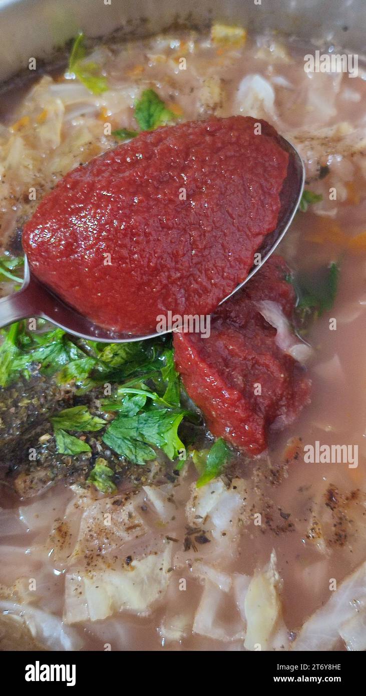 Weißkohl gedünstet mit Tomatensauce, Gemüse, Vegetarismus Stockfoto