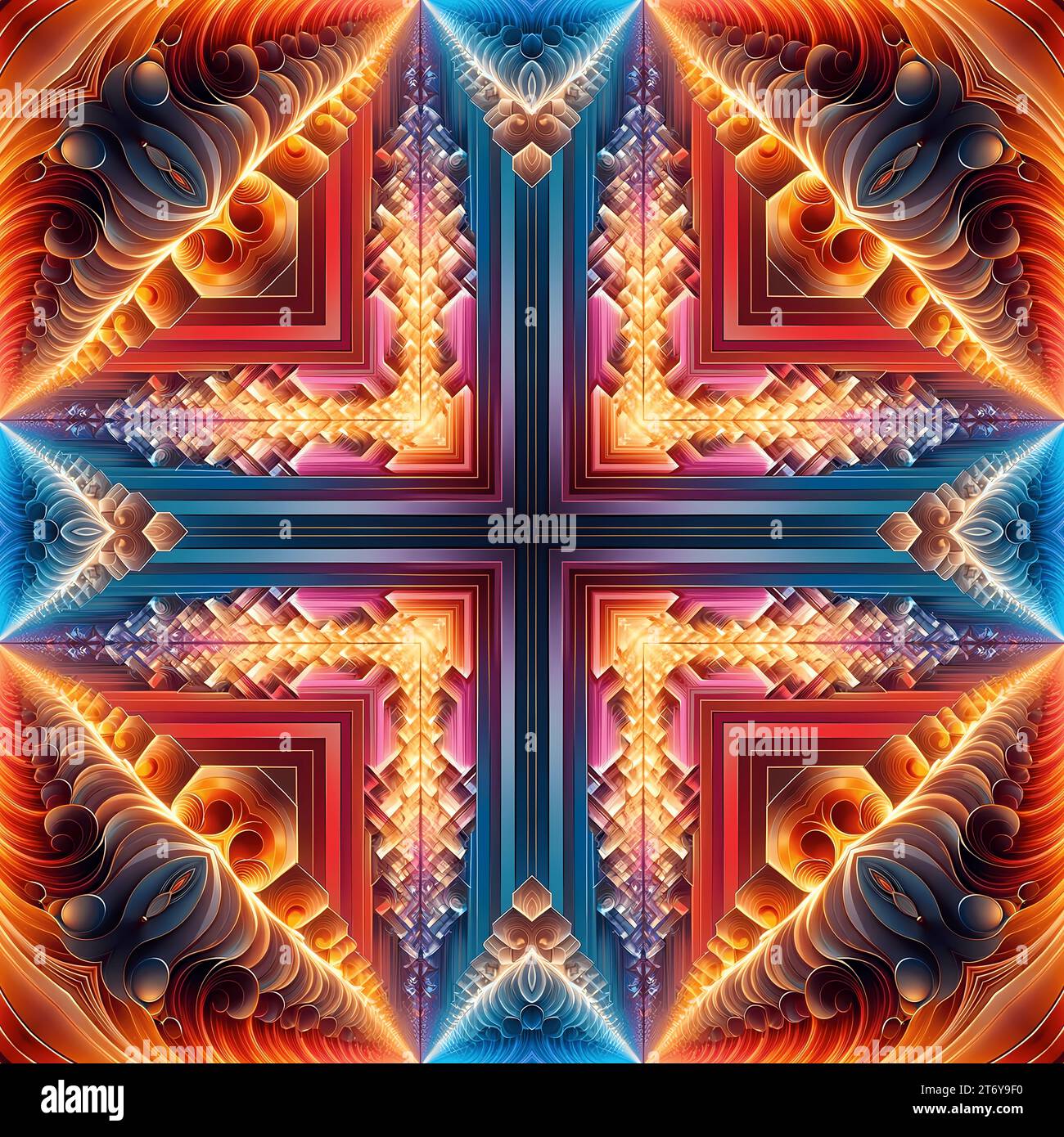 Symmetrisches fraktales Kreuzmuster mit leuchtenden Details Stockfoto