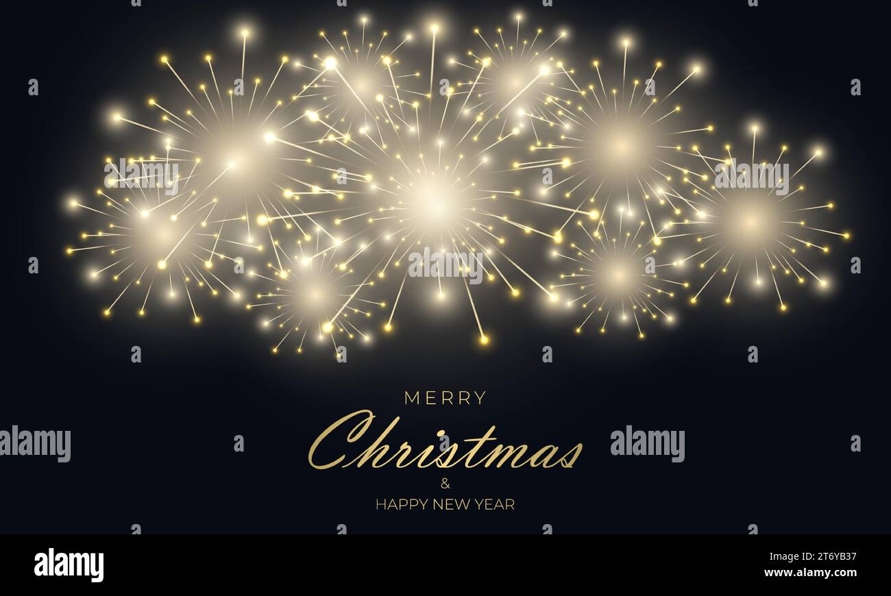 Frohe weihnachten und frohe Neujahrsfeierlichkeiten im Hintergrund mit Feuerwerk und glitzernden Lichtern. Vektorabbildung Stock Vektor
