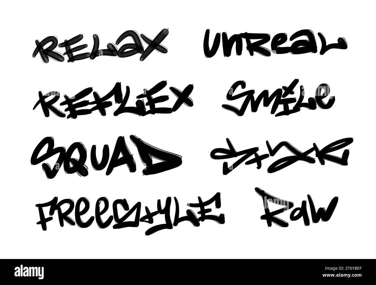Sammlung von Graffiti Street Art Tags mit Wörtern und Symbolen in schwarzer Farbe auf weißem Hintergrund Stockfoto