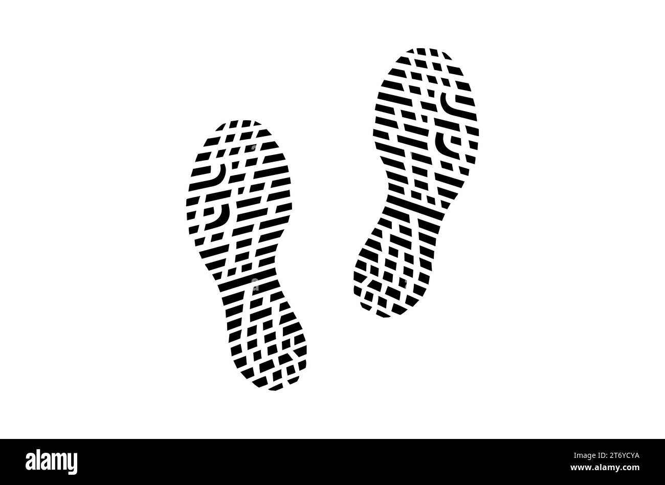 Fußabdrücke von menschlichen Schuhen. Ein Paar Stiefel oder Sneakers. Linkes und rechtes Bein. Schuhsohle. Schwarzweiß-Vektor isoliert auf weißem Hintergrund. Symbol, Symbol, Piktogramm. Konstruktionselement Stock Vektor