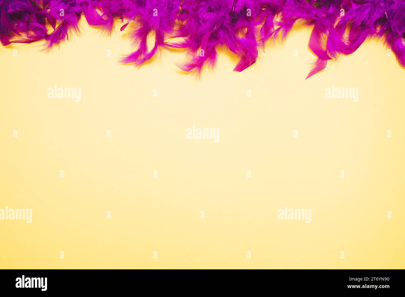 Obere lila Federn umrandeten gelben Hintergrund mit Textabstand Stockfoto