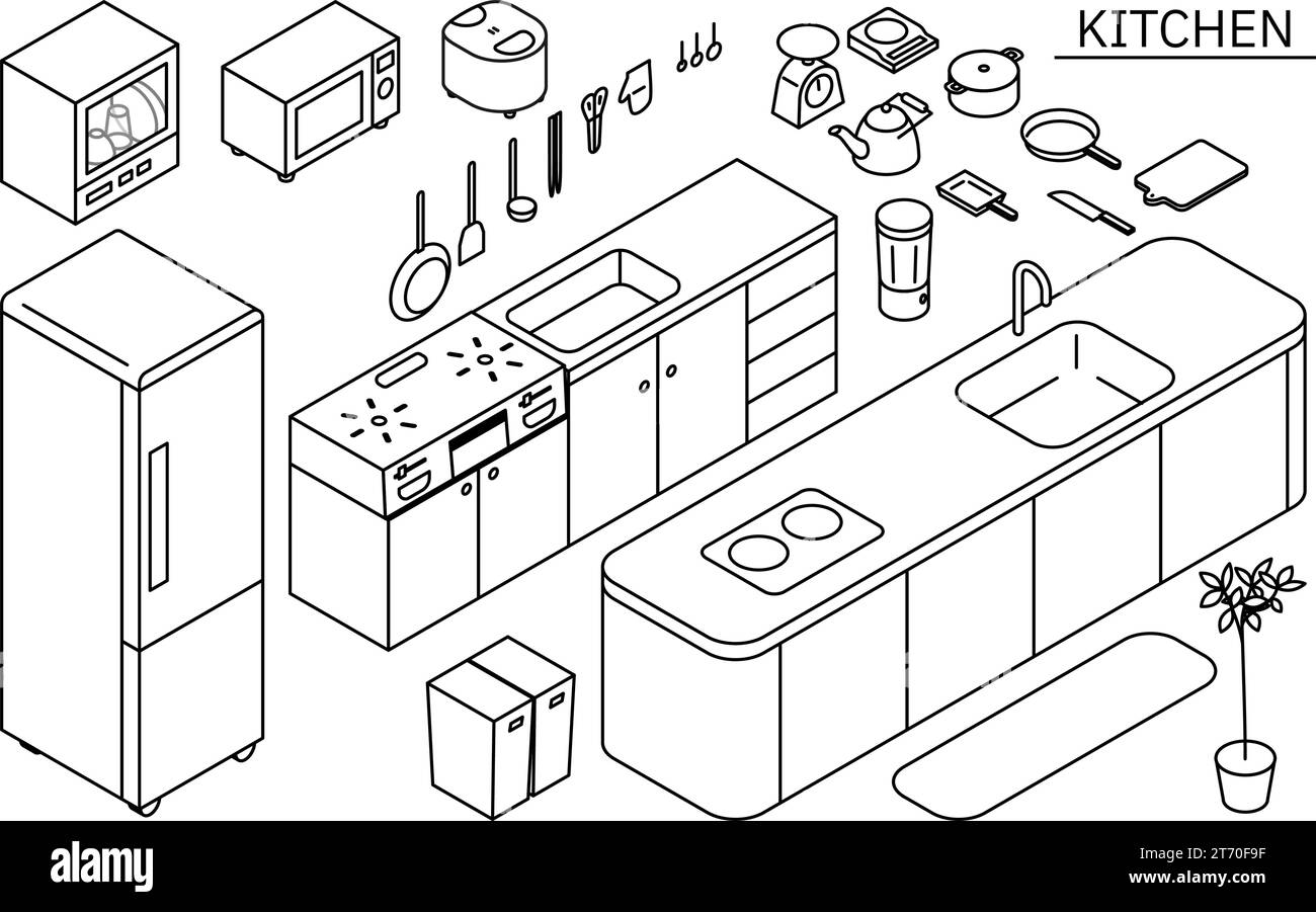 Illustration von Küchenutensilien, die für neues Leben benötigt werden, einfache isometrische, Schwarzweiß, Vektor-Illustration Stock Vektor