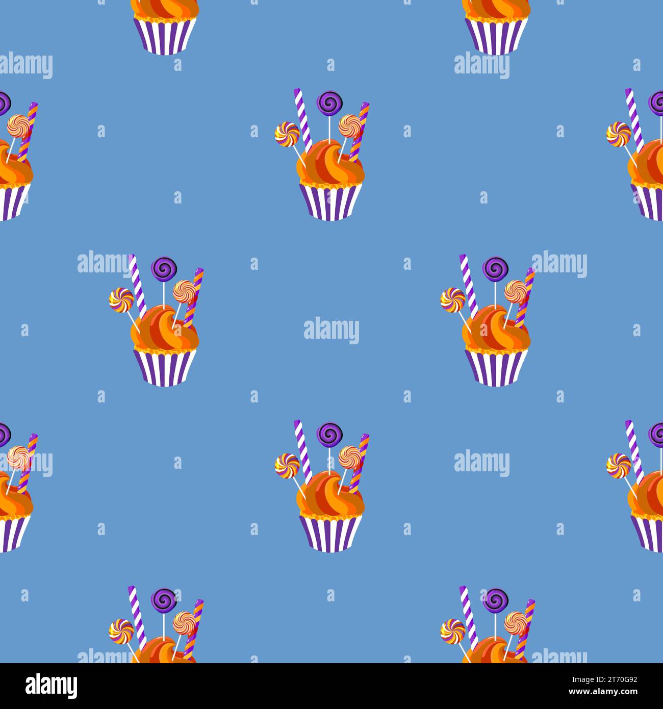 Nahtloses Muster mit Süßigkeiten auf blauem Hintergrund. Nahtloser Hintergrund mit Cupcakes. Zum Einpacken von Papier, Verpackungen, Textilien, Tapeten. Stock Vektor