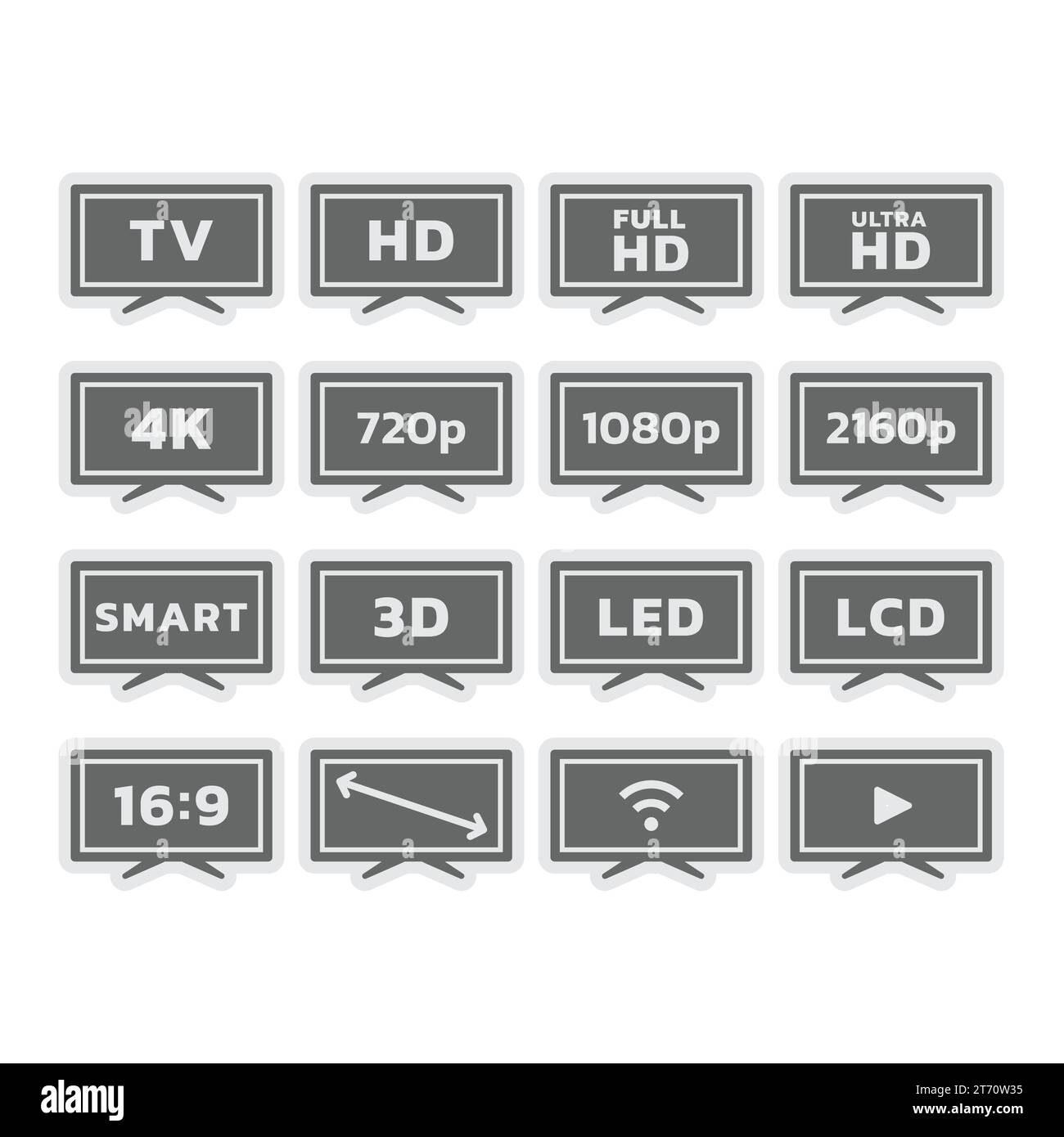 Fernseher, Bildschirmgröße und -Auflösung, Smart-TV-Symbole. Full und Ultra HD, LED-Anzeige, Ratio Vektor-Symbolsatz. Stock Vektor