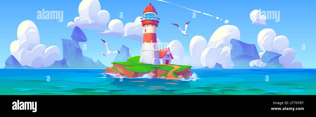 Leuchtturm auf der Insel in Meeresvektorlandschaften. Leuchtturm auf friedlichem Blick auf die Klippe des Ozeans. Leuchtturm-Gebäude an der Küste für die Navigation. Nautisches, sonniges Sommer-Grafikdesign mit Wolken Stock Vektor