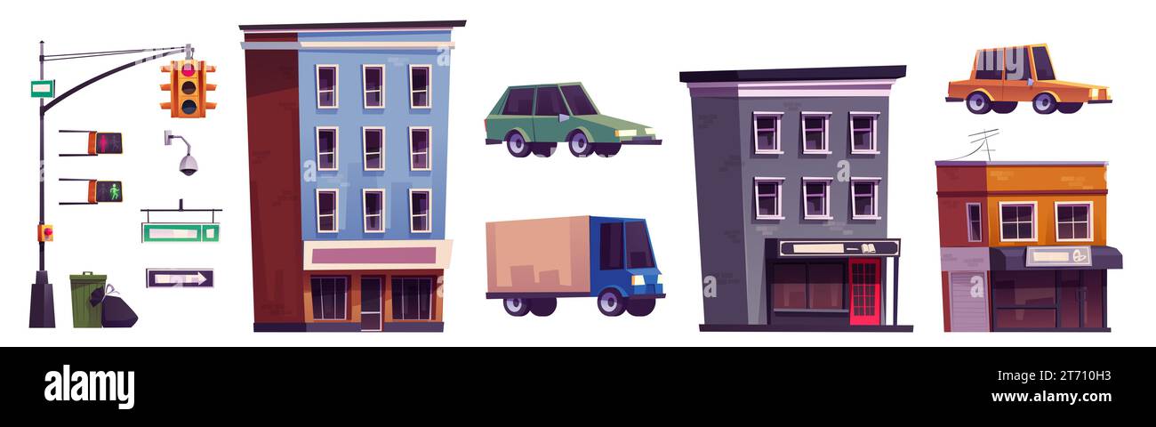 Design-Elemente der Straßenkreuzung der Stadt isoliert auf weißem Hintergrund. Vektor-Cartoon-Illustration von Autos und LKW, Ampeln und Straßenschildern, modernen Gebäuden und Geschäften, Überwachungskamera Stock Vektor