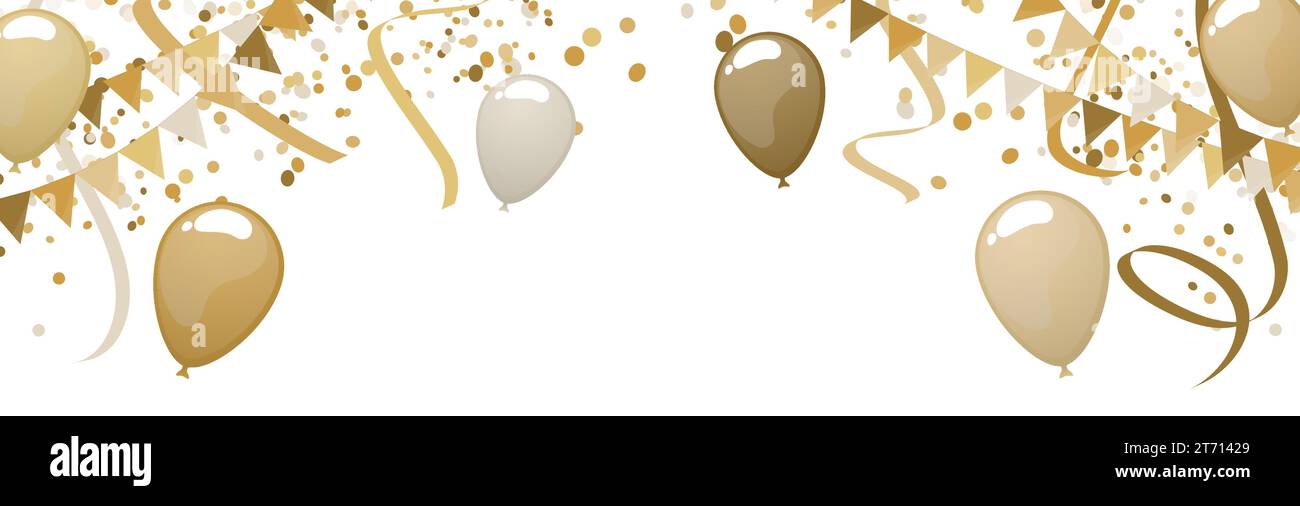 EPS 10 Vektorillustration der nahtlosen goldenen farbigen glücklichen Girlanden und Ballons mit Streamers und Konfetti auf weißem Hintergrund für sylvester oder Hochzeit Stock Vektor