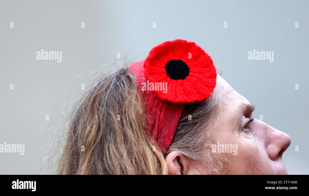 (231113) -- LONDON, 13. November 2023 (Xinhua) -- am 12. November 2023 wird Eine Frau mit Mohnkopfbekleidung vor dem Cenotaph auf Whitehall gesehen. Der Gedenktag ist eine jährliche Gedenkfeier am nächsten Sonntag zum Tag des Waffenstillstands, dem 11. November, dem Jahrestag des Endes des Ersten Weltkriegs. (Xinhua/Li Ying) Stockfoto