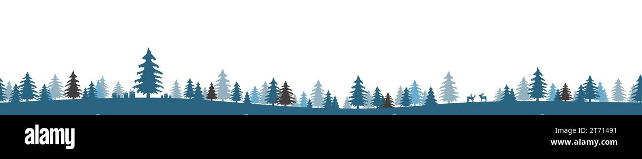 EPS 10 Vektordatei zeigt weihnachtszeit Natur Landschaft Panorama Hintergrund mit farbigen Tannen Wald, Geschenke, Elch und weißem Hintergrund Stock Vektor