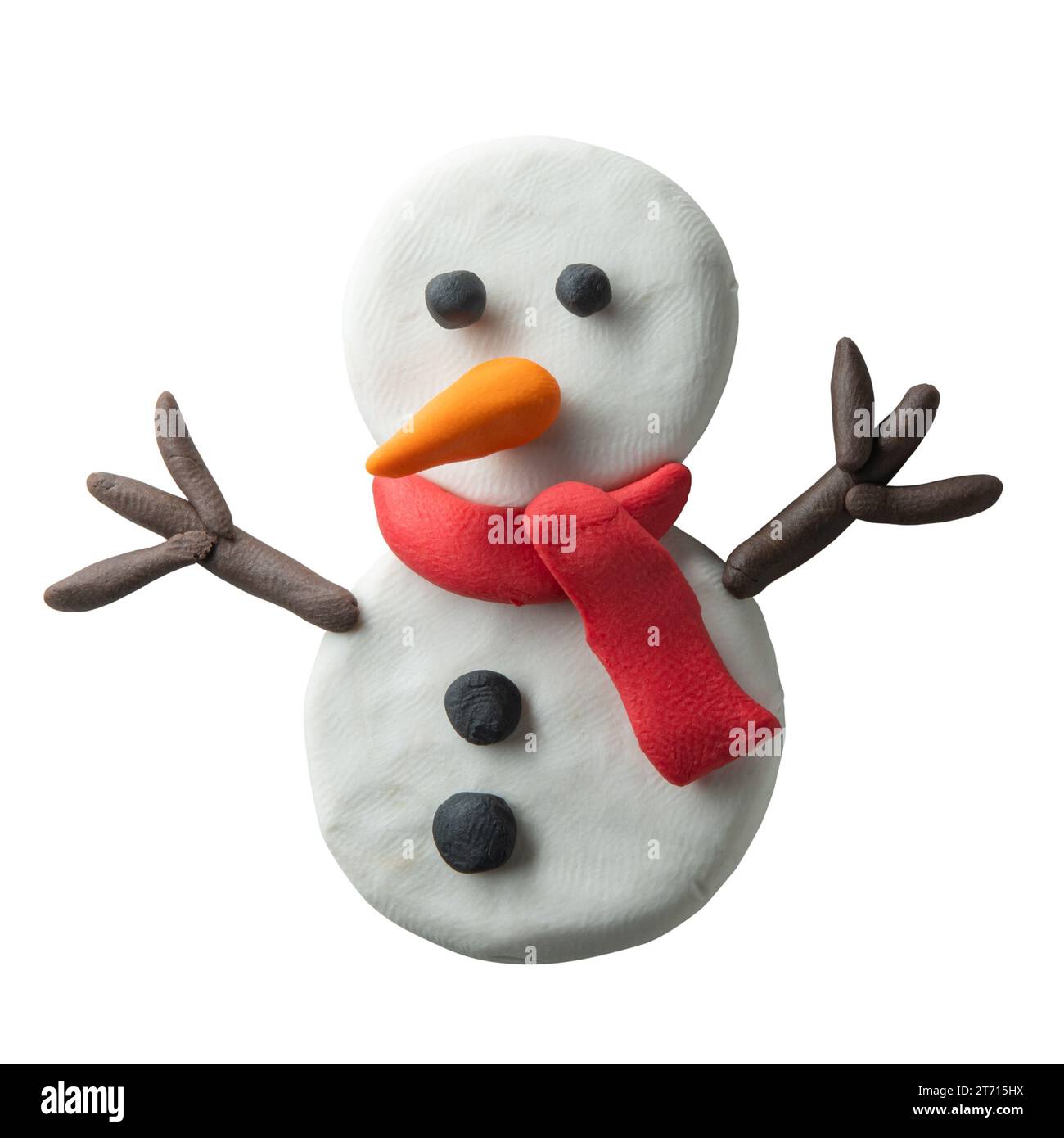 Schneemann aus Modelliermasse auf weißem Hintergrund mit Beschneidungspfad Stockfoto