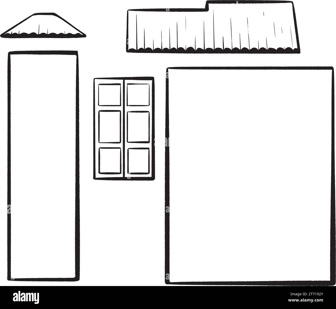 Tinte Hand gezeichneter Vektor. Konstruktor-Set mit Elementen zum Zusammenbauen eines Hauses. Wände mit verschiedenen Volumina, Fenster, Türen, dreieckiges Dach mit mehrstöckigem Dach. Für Stock Vektor