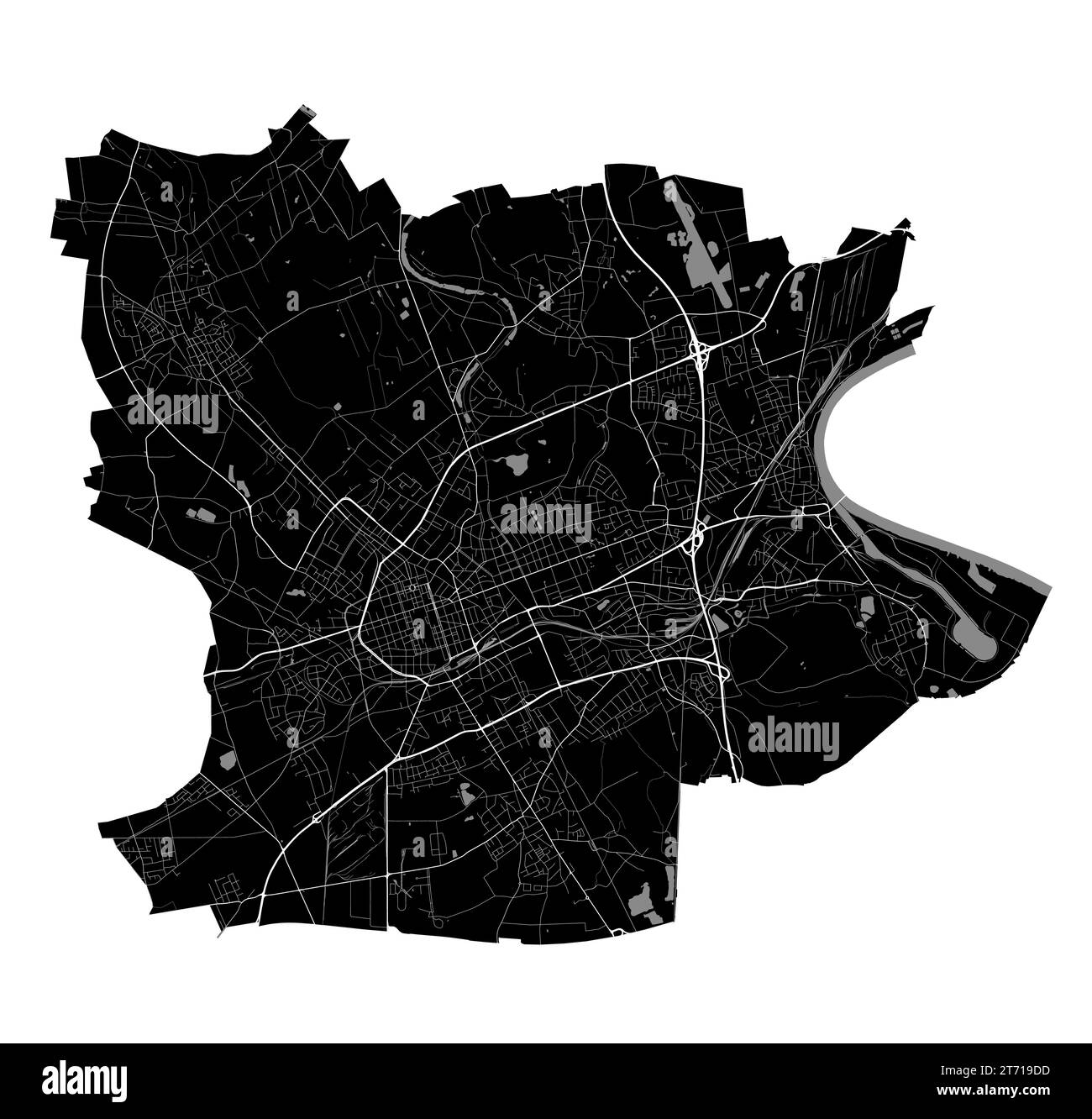 Krefeld Stadtplan, detailliertes Verwaltungsgebiet, schwarz-weiß. Stock Vektor
