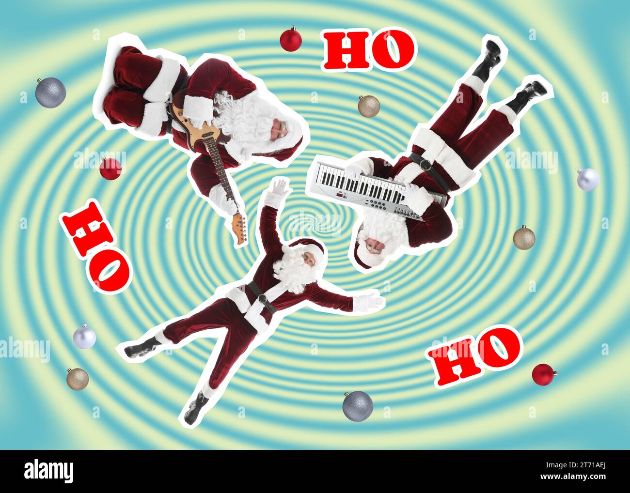 Winterferien buntes Kunstwerk. Weihnachtsklauseln spielen Musik vor farbigem Hintergrund, kreative Collage Stockfoto