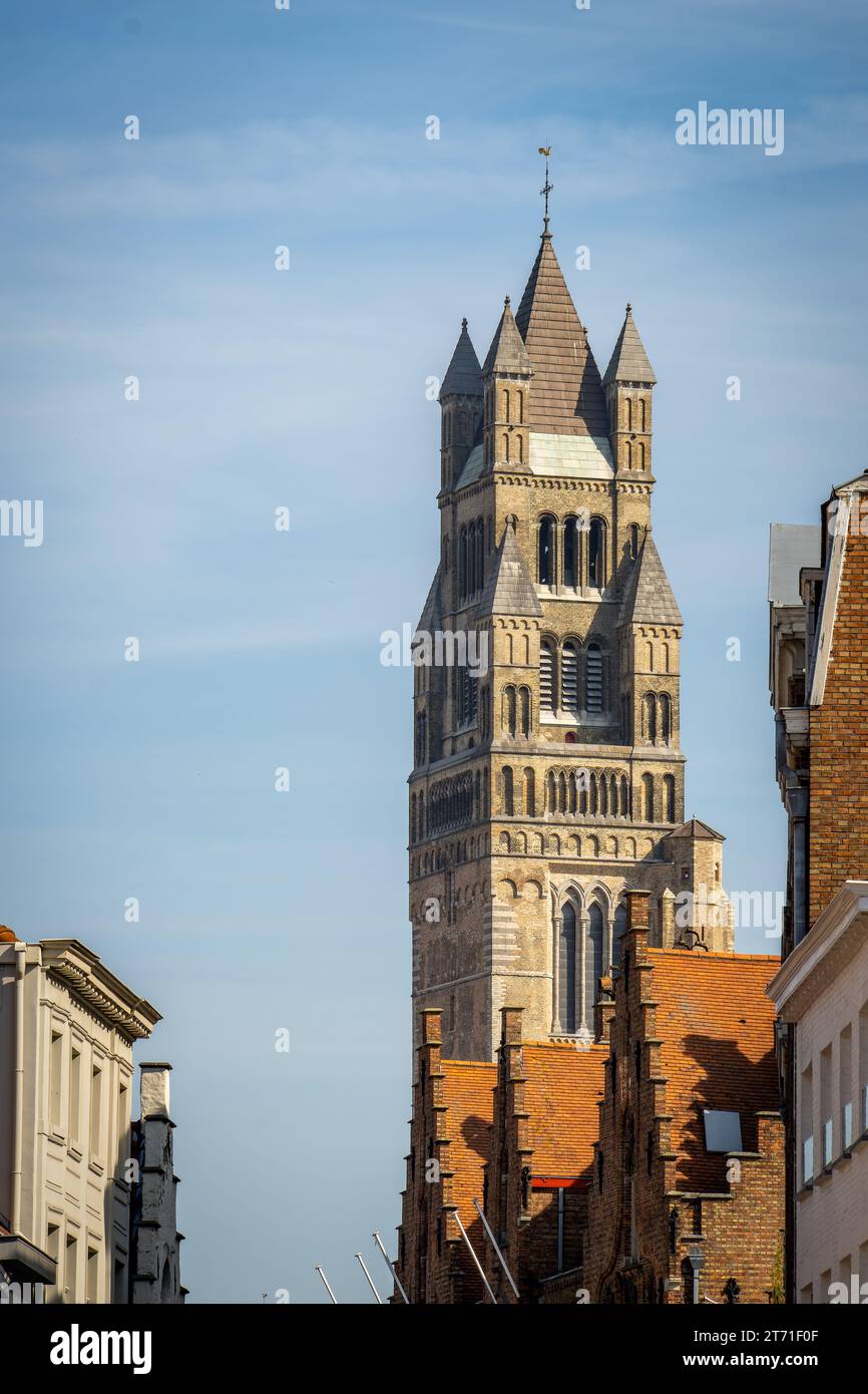 Ein atemberaubender Blick auf die Kathedrale Sint-Salvatorskathedraal in der wunderschönen Stadt Brügge, Belgien. Stockfoto