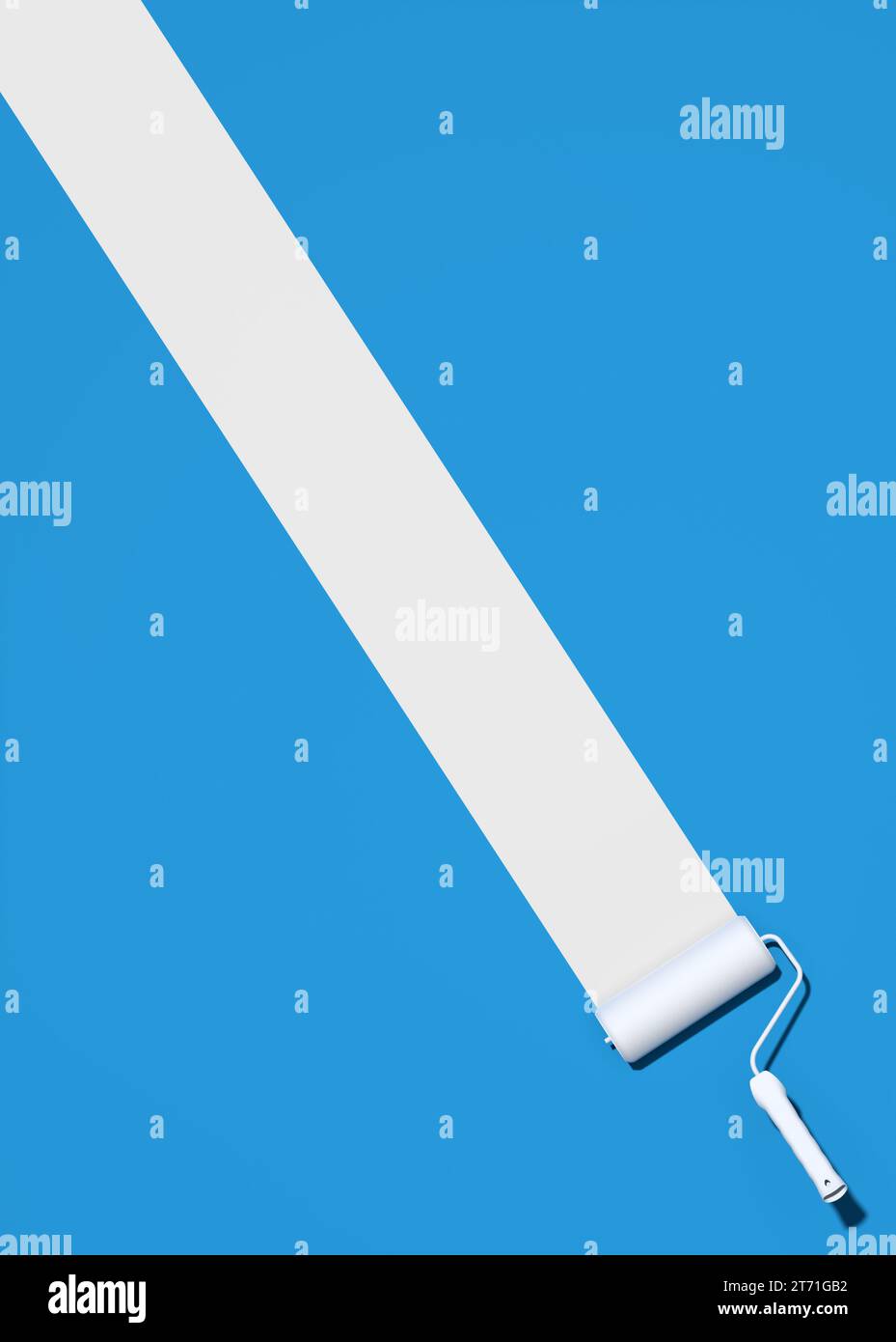 Pinsel mit weißer Farbspur auf blauem Hintergrund. Abstraktes 3D-Rendering. Stockfoto