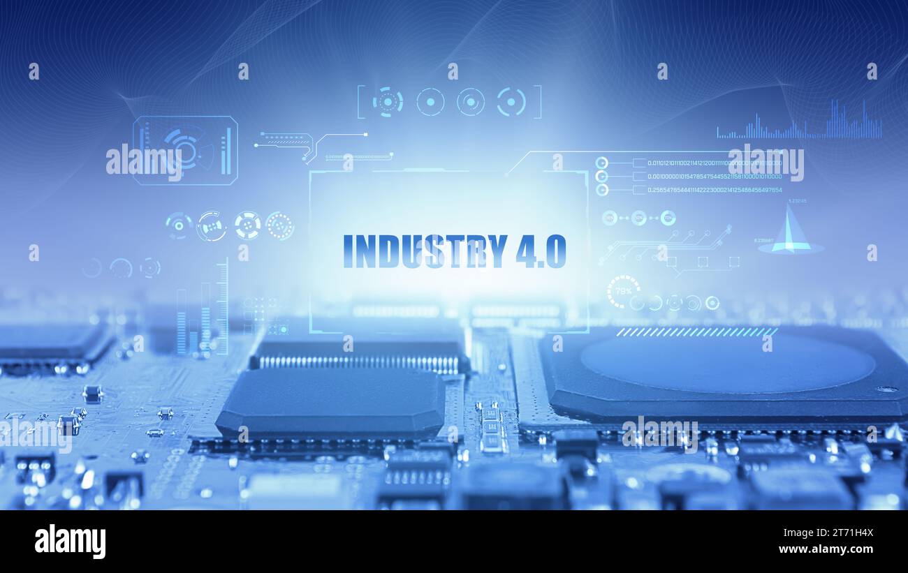 Elektronikplatine mit SMD-IC und passiven Bauteilen in Nahaufnahme. Industrie 4,0 – Konzept Der Industriellen Automatisierung Stockfoto