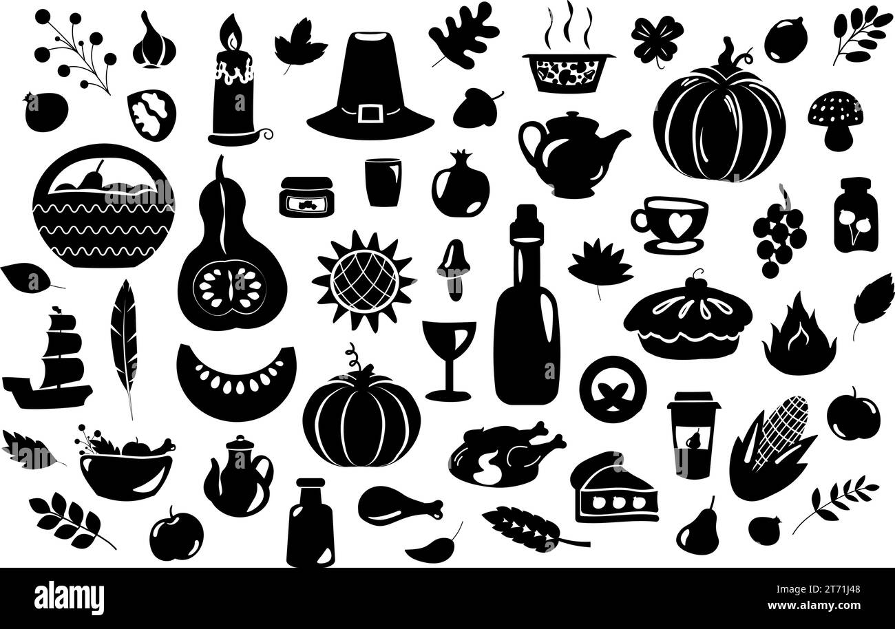 Beschreibung der Speisen und Getränke für Partys, Elemente der festlichen Tischdekoration an Thanksgiving. Essen, Trinken, Fleisch, Gemüse, Obst. Einfaches schwarzes SH Stock Vektor