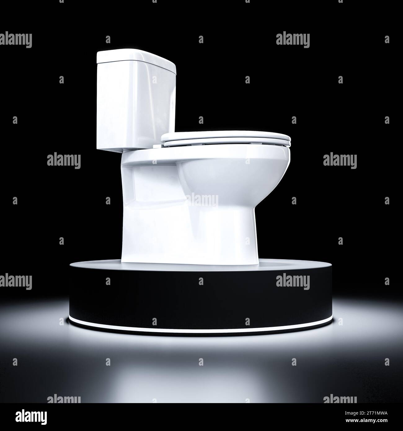 3D-Renderkeramik-Toilette auf schwarzem Podium und dunklem Hintergrund. Stockfoto