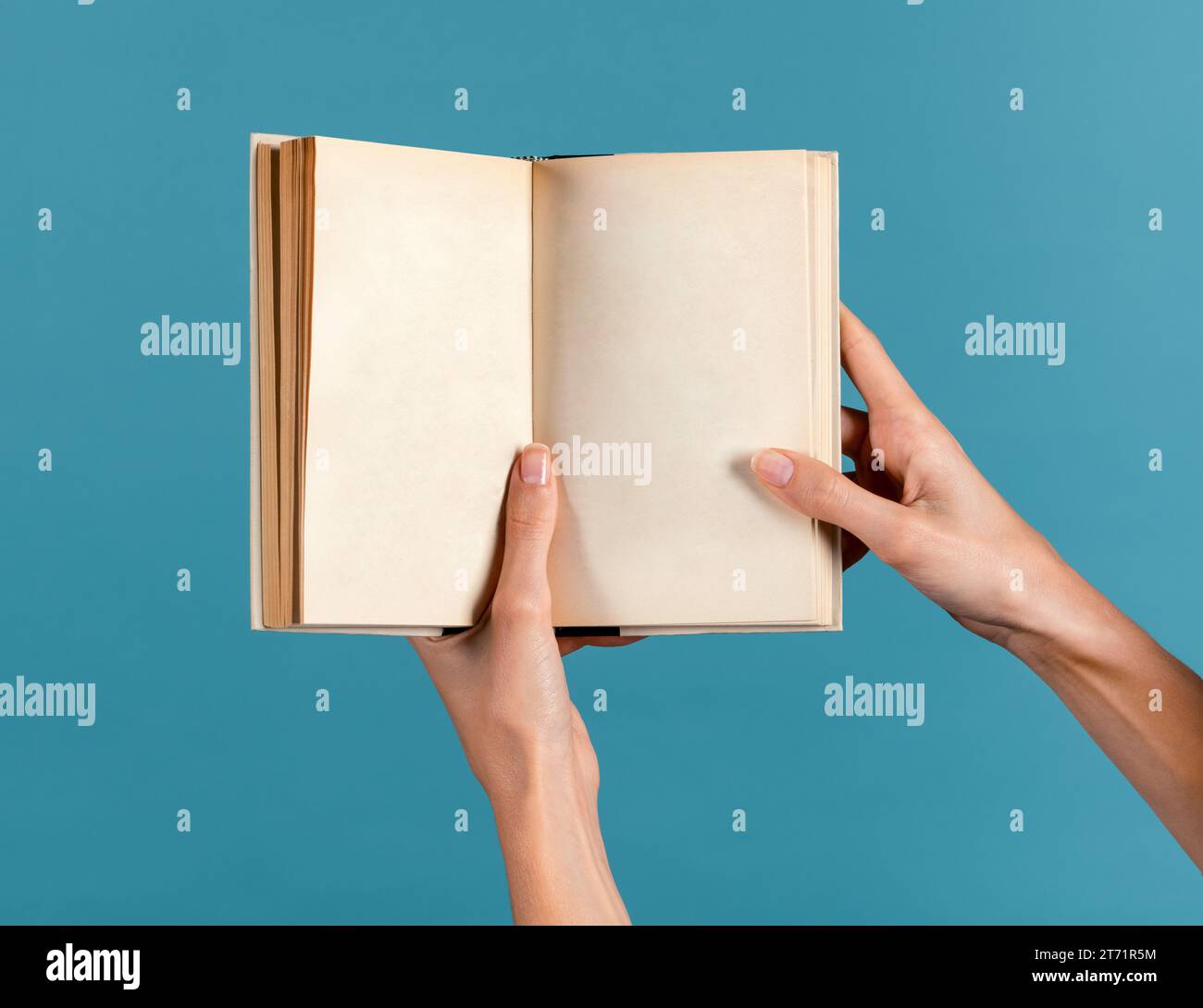 Anonyme schlanke junge Frau mit gepflegten Fingern, die leere Seiten gebundenes Buch in Licht halten und vor blauem Hintergrund demonstrieren Stockfoto