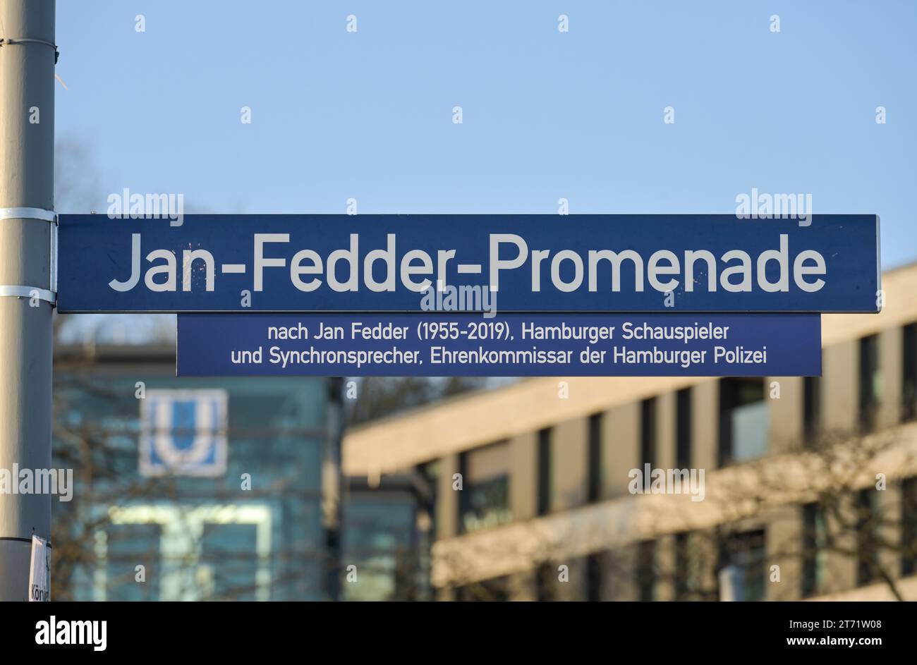 Straßenschild, Jan-Fedder-Promenade, St. Pauli, Hamburg, Deutschland Stockfoto
