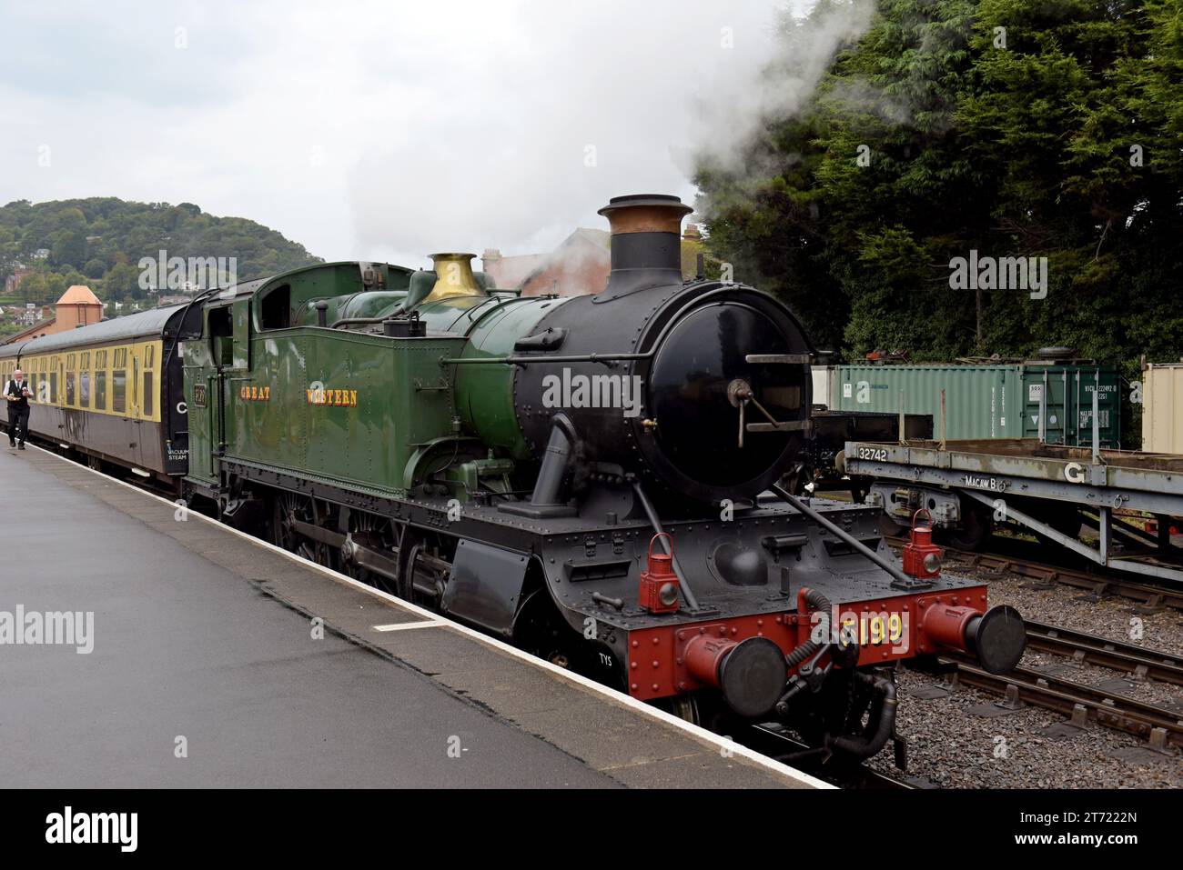 Dampflok der Great Western Railway Prärie Class 5199 an der Minehead Station an der West Somerset Heritage Railway, September 2023 Stockfoto