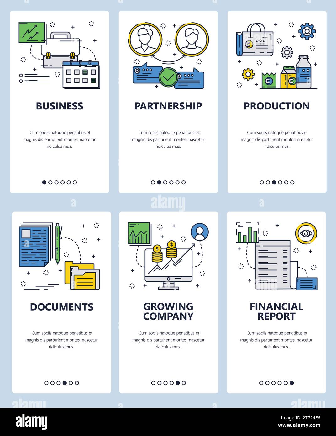 Vorlage für Linear-Art-Onboarding-Bildschirme der Vektor-Website. Geschäftspartnerschaft und Finanzsymbole. Menübanner für die Entwicklung von Websites und mobilen Apps. Stock Vektor