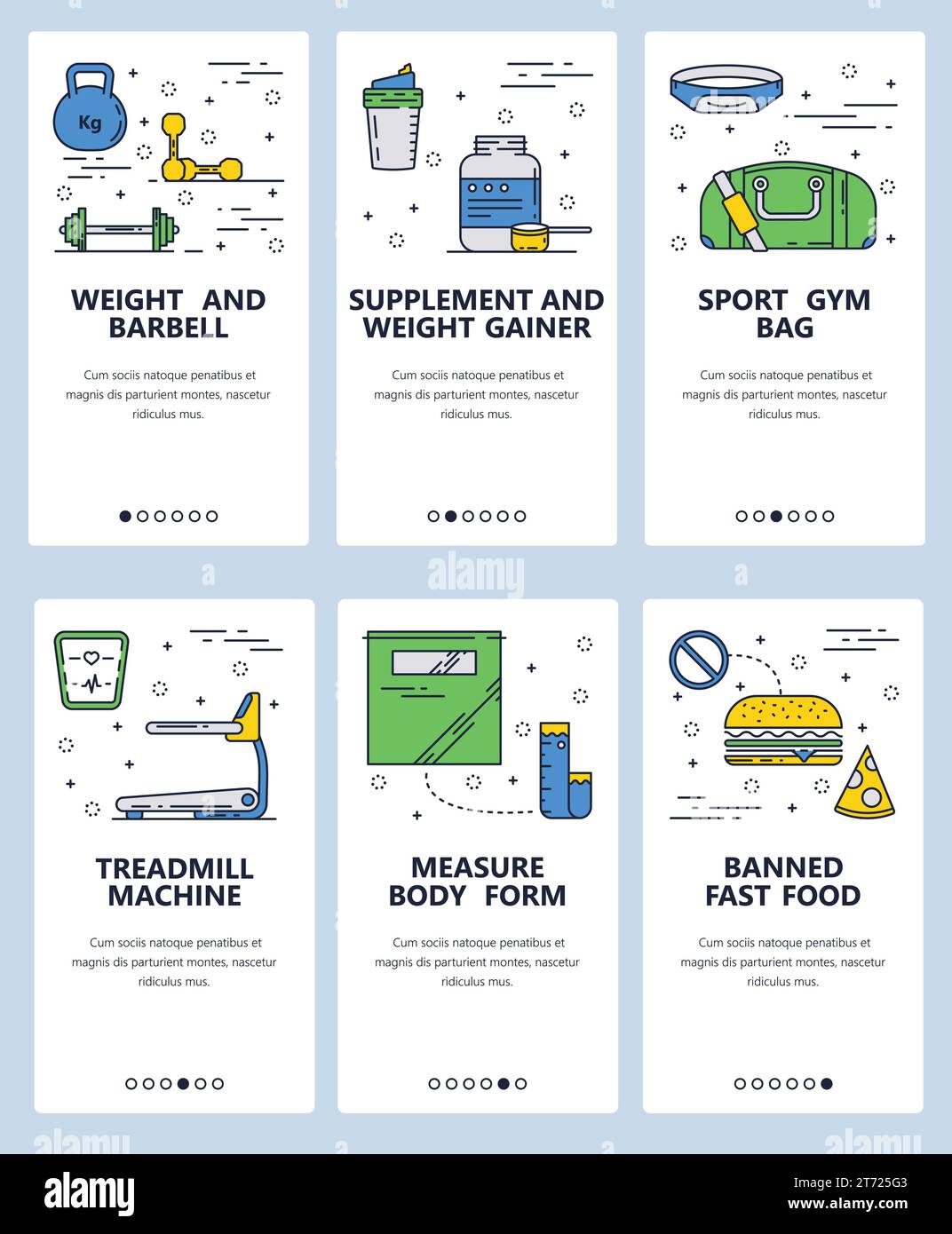 Vorlage für Linear-Art-Onboarding-Bildschirme der Vektor-Website. Sport- und Fitnesssymbole. Menübanner für die Entwicklung von Websites und mobilen Apps. Modernes Design Stock Vektor
