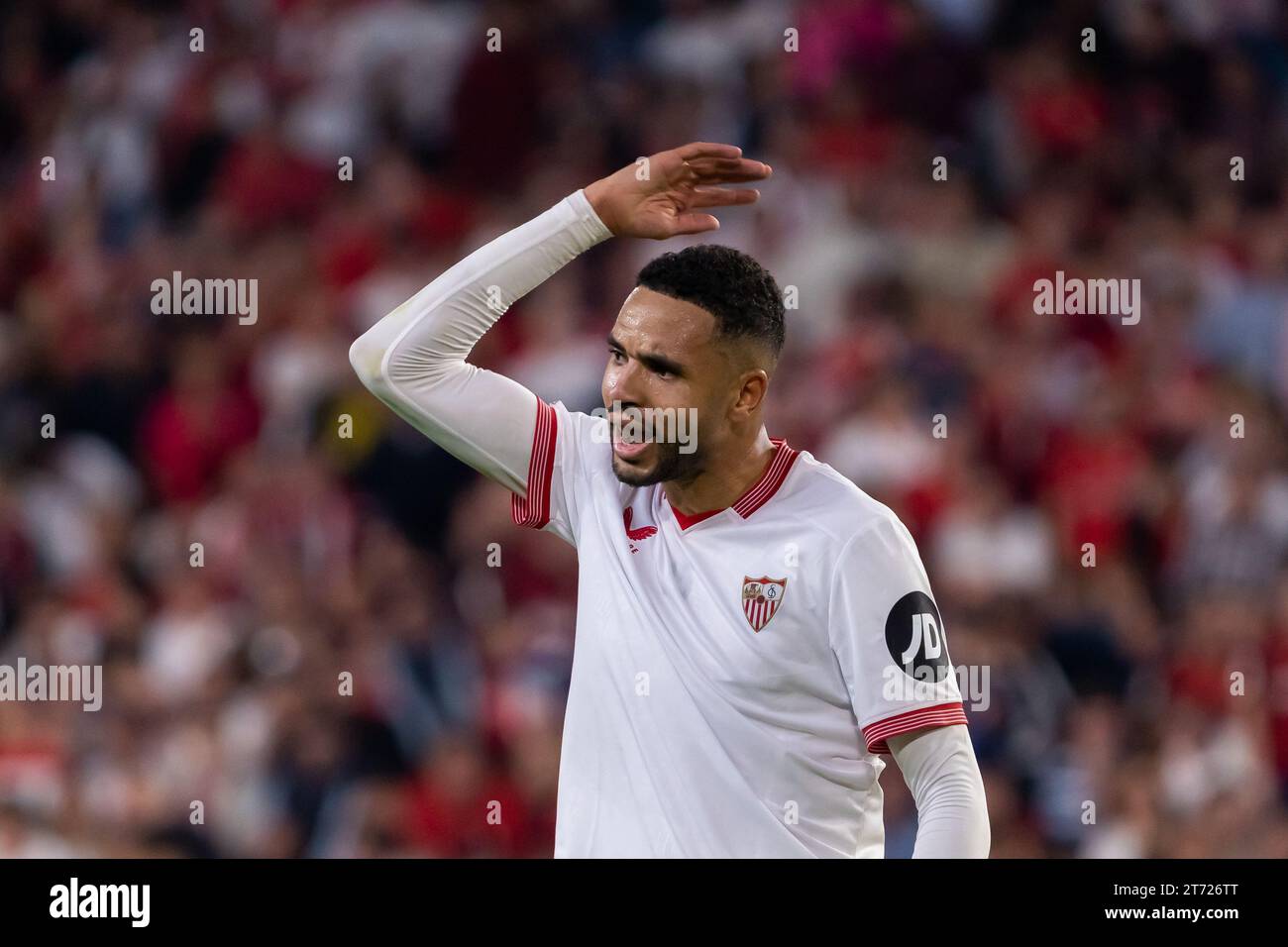 Sevilla, Spanien. November 2023. Youssef EN Nesyri reagierte beim LaLiga EA Sports 2023/204 Spiel zwischen Sevilla FC und Real Betis im Ramon Sanchez Pizjuan Stadion. Endergebnis: Sevilla FC 1:1 Real Betis. (Foto: Francis Gonzalez/SOPA Images/SIPA USA) Credit: SIPA USA/Alamy Live News Stockfoto