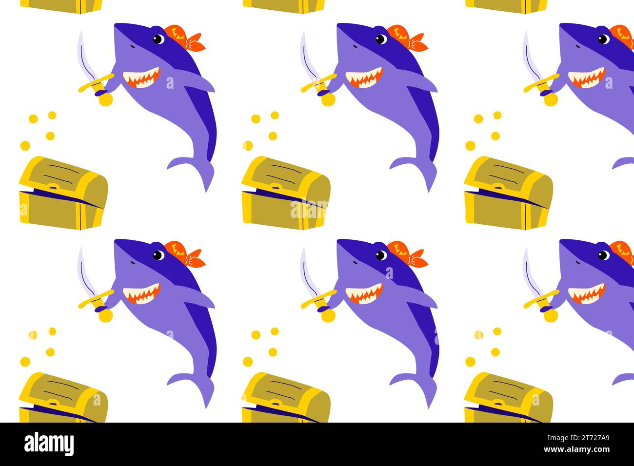 Shark-Zeichentrickmuster mit goldenen Elementen Stock Vektor