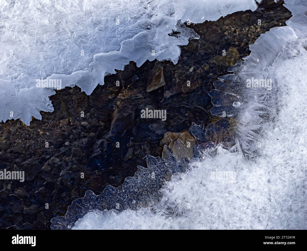 Eistexturen auf einem gefrorenen Fluss Stockfoto