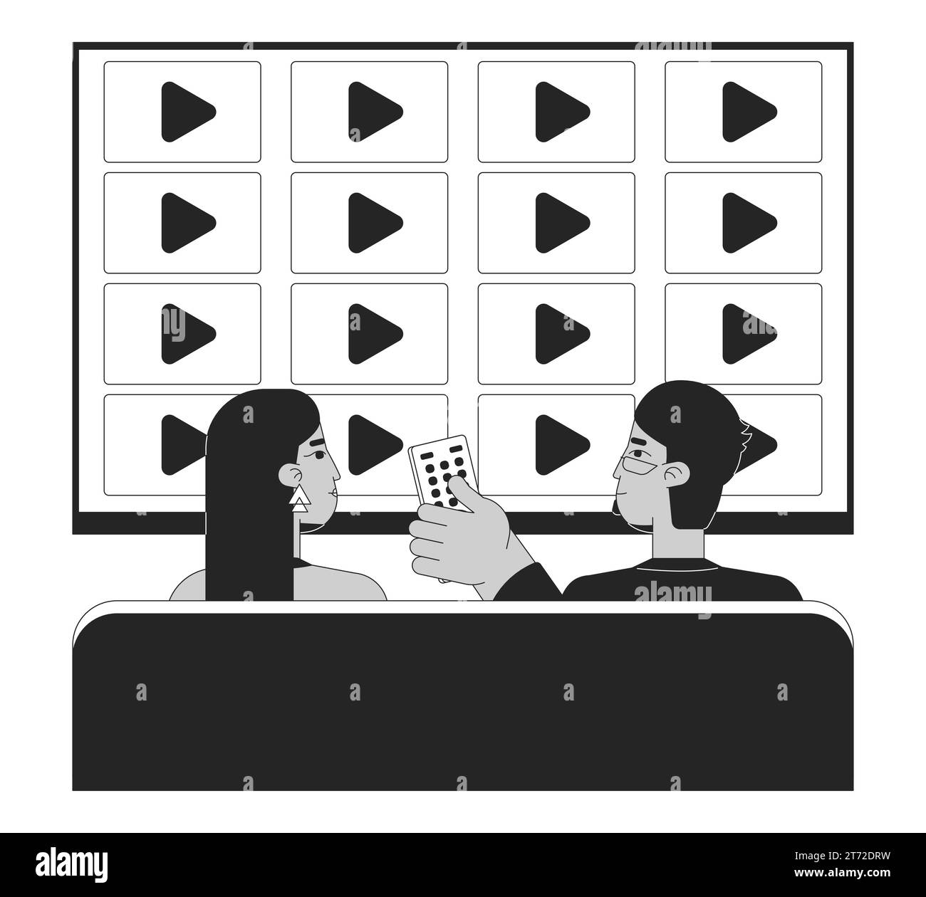 Sehen Sie eine fernsehsendung zusammen in Schwarz-weiß-Zeichentrickfilm flache Illustration Stock Vektor