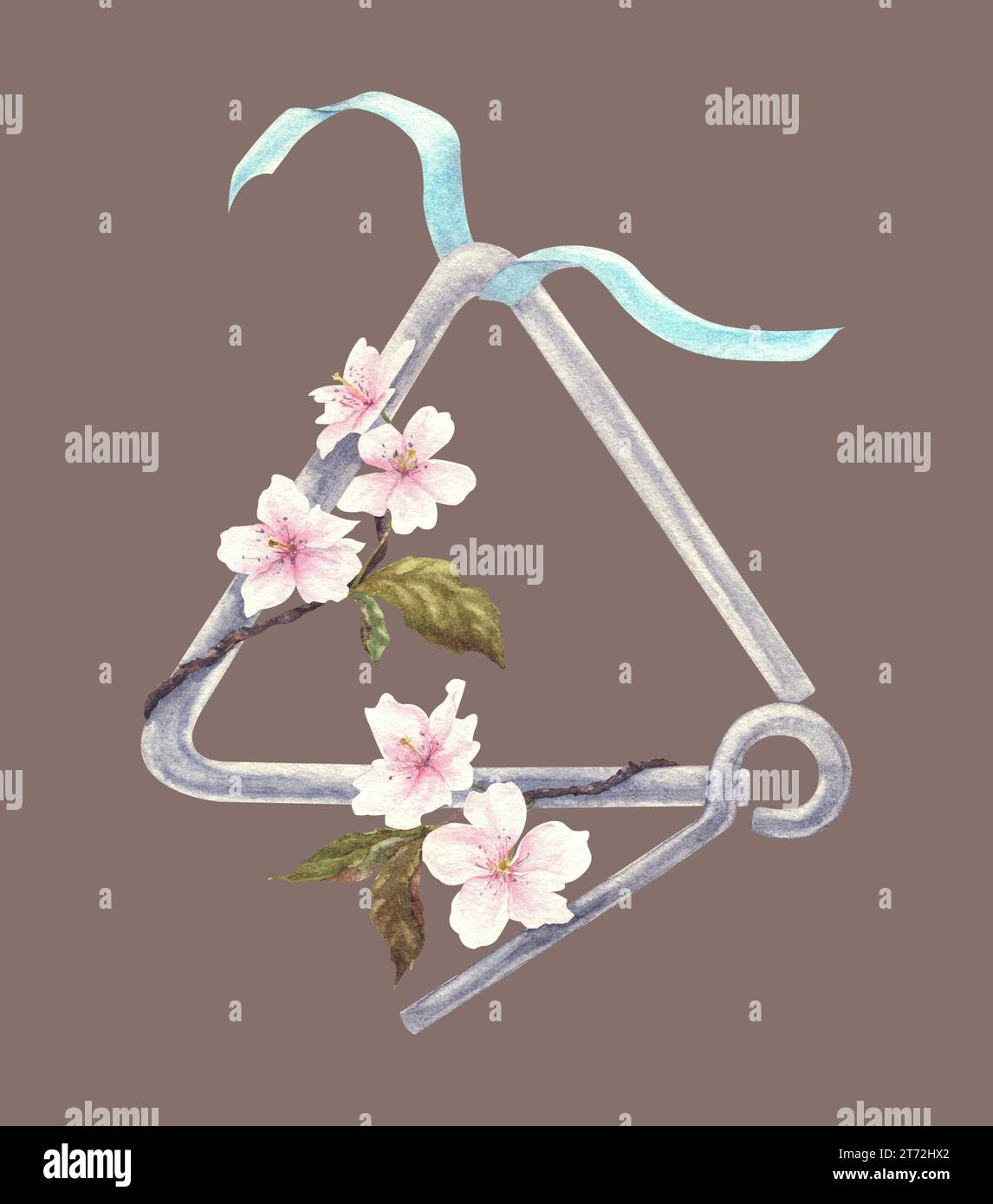 Musikalisches Dreieck mit Band und Blumen. Handgezeichnete Aquarellillustration auf isoliertem Hintergrund. Instrument zur Rhythmusbildung. Stockfoto