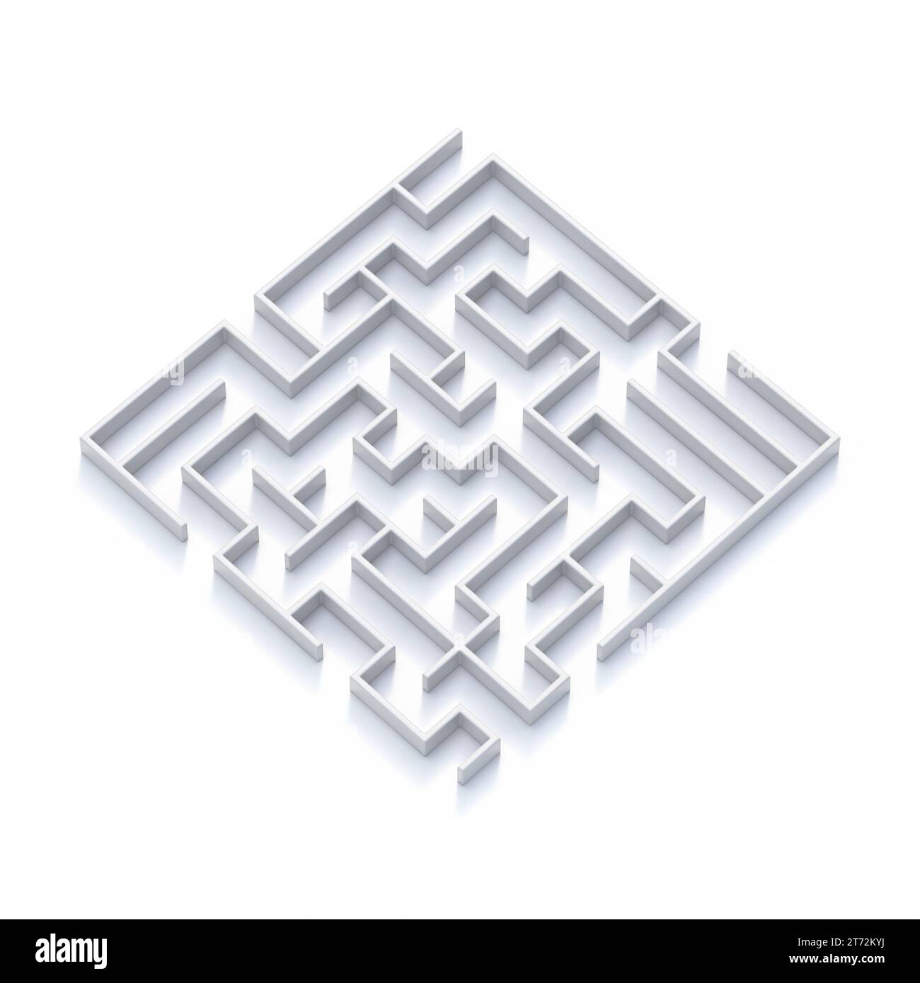 Weiße Labyrinth-Seitenansicht mit Schatten, 3D-Darstellung auf weißem Hintergrund Stockfoto