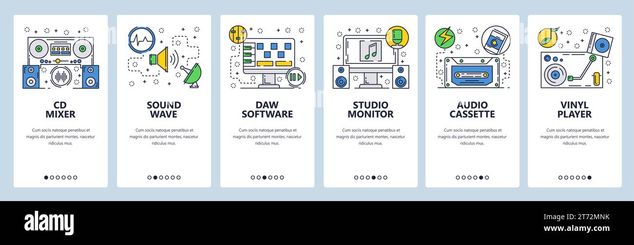Onboarding-Bildschirme für Websites. Musiksymbole. Schallwellen, Studio und Audio-Player. Menüvektorbanner-Vorlage für die Entwicklung von Websites und mobilen Apps. Mo Stock Vektor