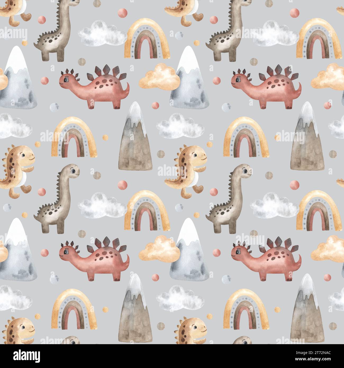 Süße Dinosaurier, Heißluftballons, Wolken, Regenbogen. Nahtloses Aquarellmuster, Boho-Stil. Handgezeichnet. Textil, Stoff, Tapete, Design beige Stockfoto