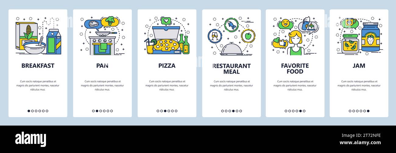 Onboarding-Bildschirme für Websites. Zuhause kochen, Frühstück, Restaurant, Pizza. Menüvektorbanner-Vorlage für die Entwicklung von Websites und mobilen Apps. Modern Stock Vektor