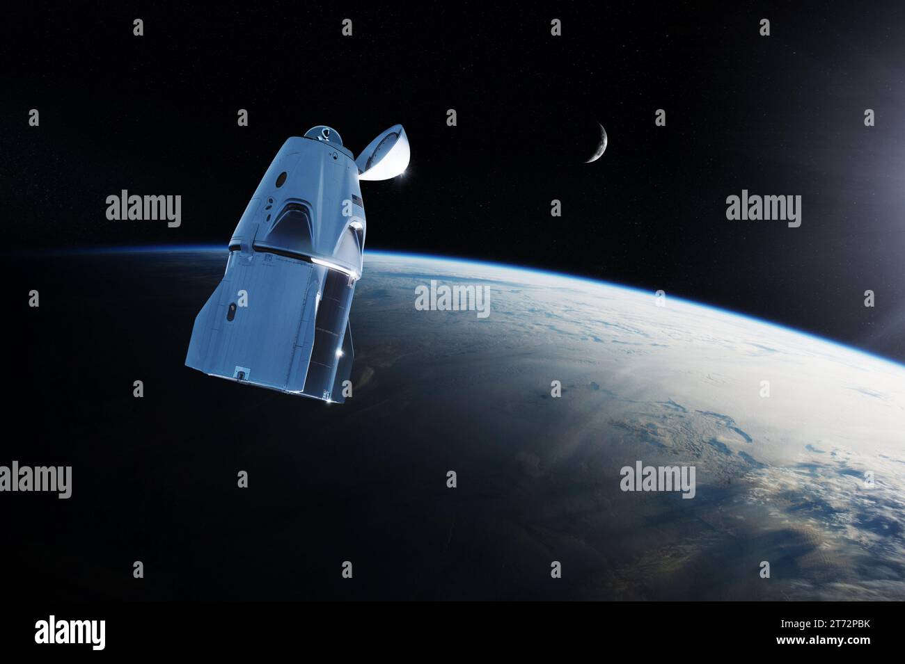 Frachtraum-Raumschiff in der Erdumlaufbahn mit Sonnenlicht. Elemente dieses Bildes, die von der NASA eingerichtet wurden. Stockfoto