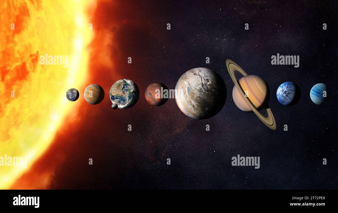 Sonnensystemplaneten mit großer Sonne und Sternen. Elemente dieses Bildes, bereitgestellt von der NASA. Stockfoto