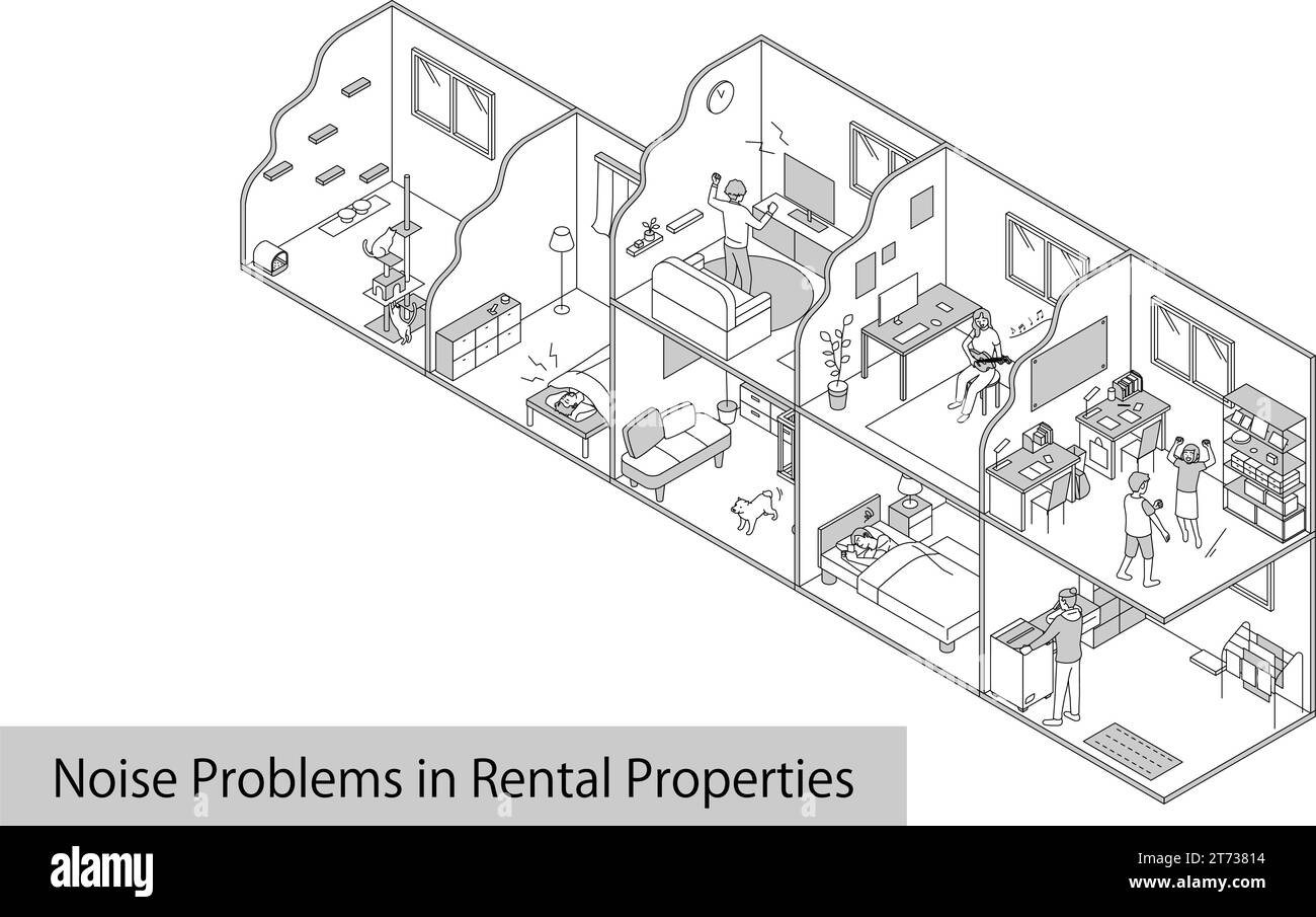 Lärmprobleme in Mietwohnungen: Lärm aus Wohnungen und Wohnungen, Vector Illustration Stock Vektor