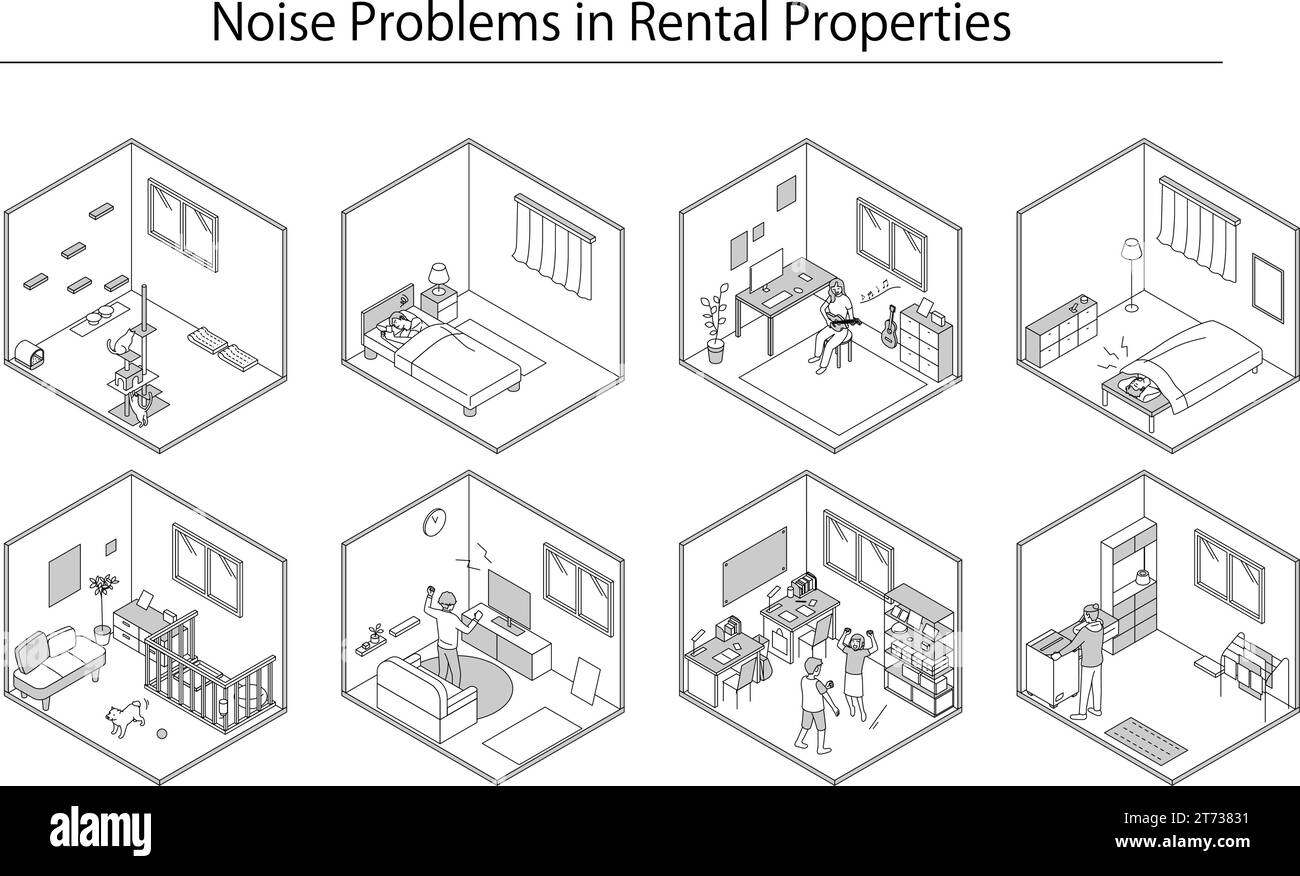 Lärmprobleme in Mietwohnungen: Lärm aus Wohnungen und Wohnungen, Vector Illustration Stock Vektor