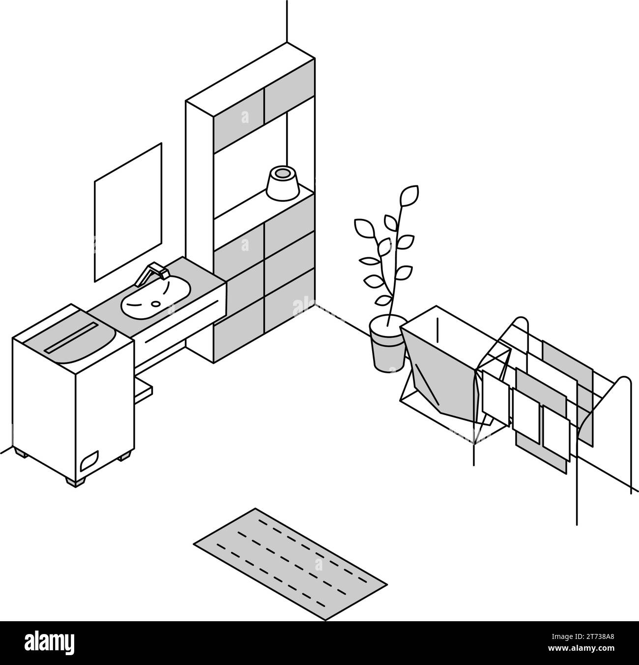Mieten Sie ein Zimmer: Wäscherei, Waschmaschine und Waschbecken einfach isometrisch, Vektorabbildung Stock Vektor