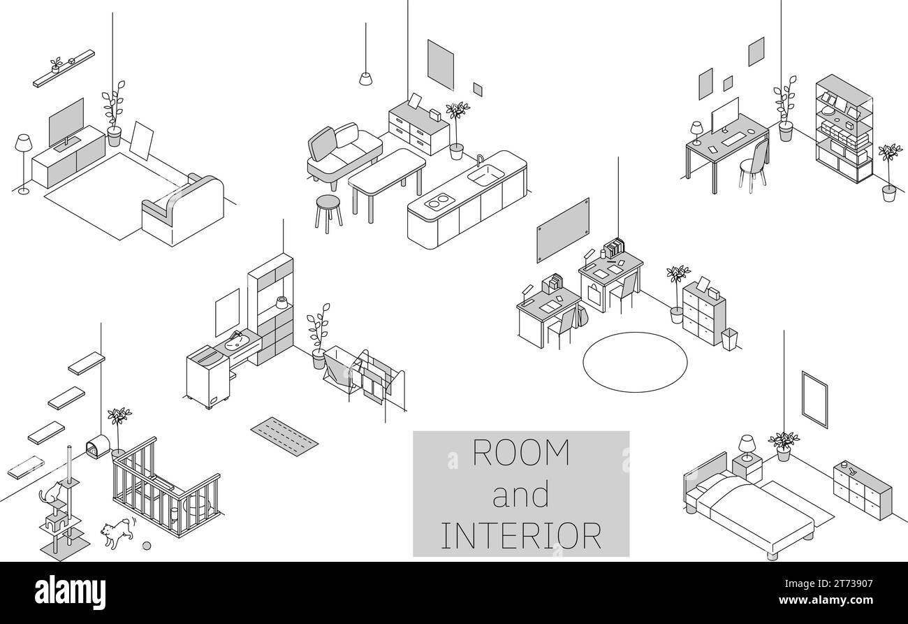 Ein Zimmer zur Miete finden: Verschiedene Zimmer, einfache isometrische Illustration, Vektorillustration Stock Vektor