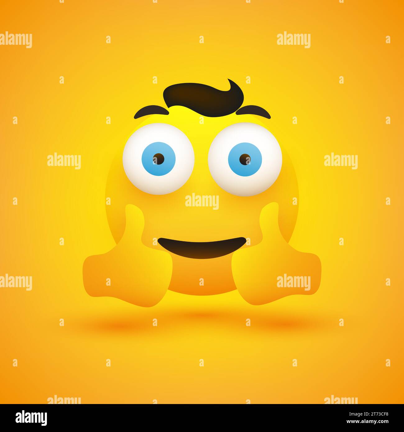 Lächelnde glückliche junge männliche Emoji mit Haar, Pop-out weit geöffnete große blaue Augen zeigen doppelte Daumen oben - einfaches glückliches Emoticon auf gelbem Hintergrund - Vect Stock Vektor