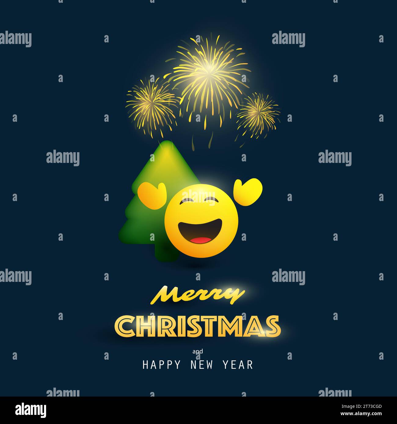 Frohe Weihnachten und frohes neues Jahr! Smile Emoji mit Weihnachtsbaum und Feuerwerk Karte