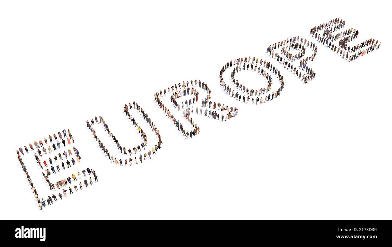 Begriff oder Begriff große Gemeinschaft von Menschen, die DAS Wort "EUROPA" bilden. 3D Illustration Metapher für europäische Verbindungen in Kultur, Wirtschaft und Politik Stockfoto