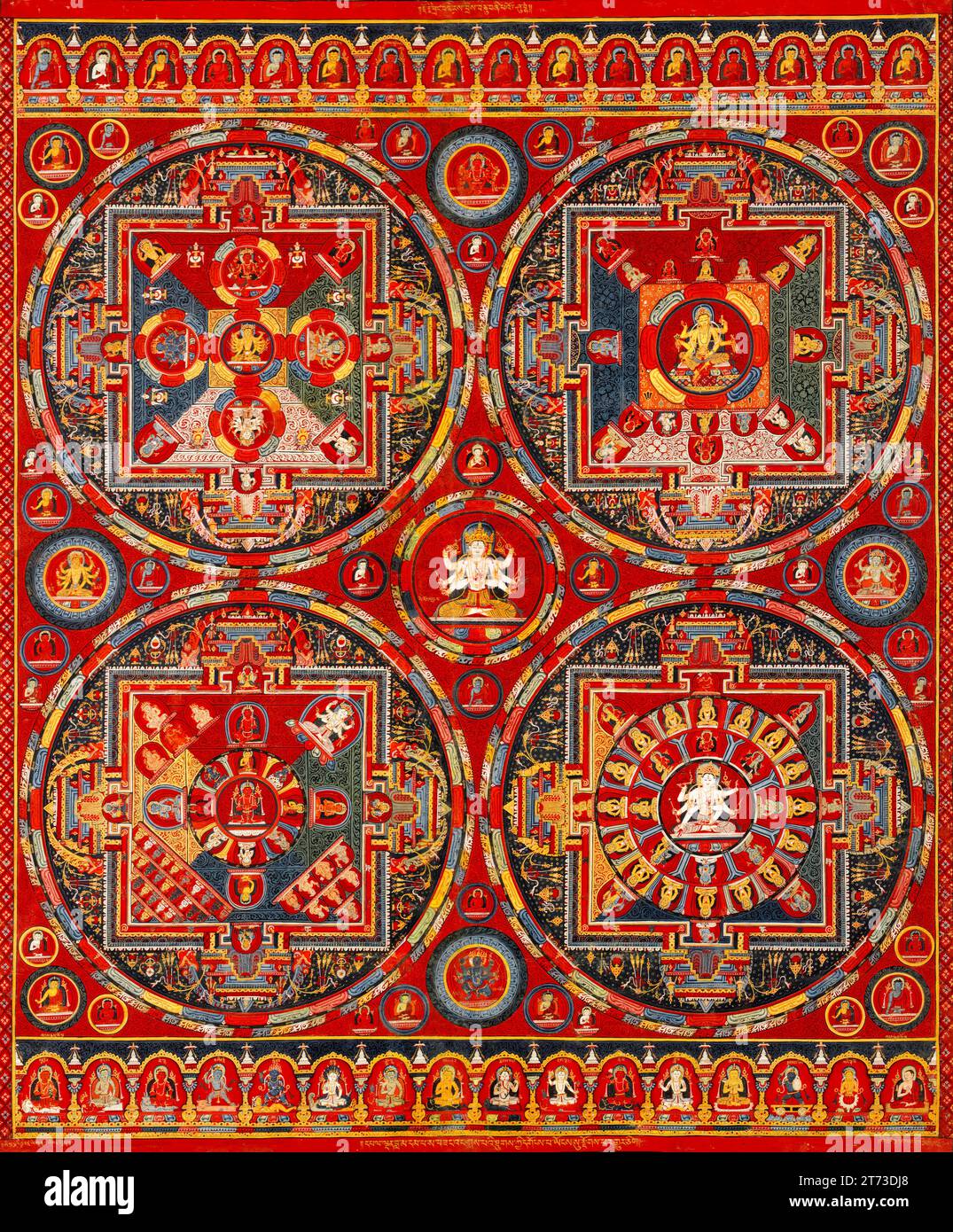 Vier Mandalas der Vajravali-Serie, Thangka und Gouache auf Baumwolle, Tibetische Kunst des 15. Jahrhunderts, 1429-1456 Stockfoto Vier Mandalas der Vajravali-Serie, Thangka und Gouache auf Baumwolle, Tibetische Kunst des 15. Jahrhunderts, 1429-1456 Stockfoto