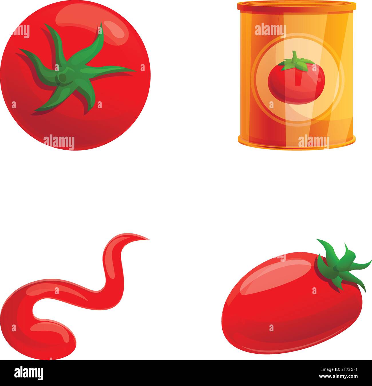 Tomaten-Paste-Symbole setzen Cartoon-Vektor. Rotes Gemüse und Dose Tomatenpaste. Konserven, Lebensmittel Stock Vektor