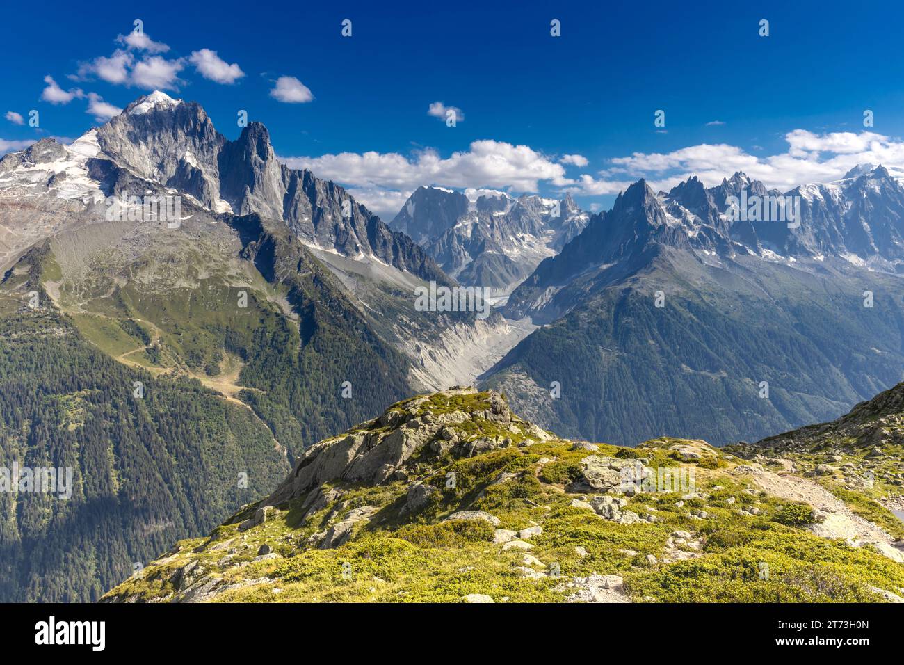 Petit Dru und Aiguille du Dru oder Les Drus, Les Droites, Grandes Jorasses magestische Bergmauern und Gipfel im Chamonix-Tal, französische Alpen Stockfoto