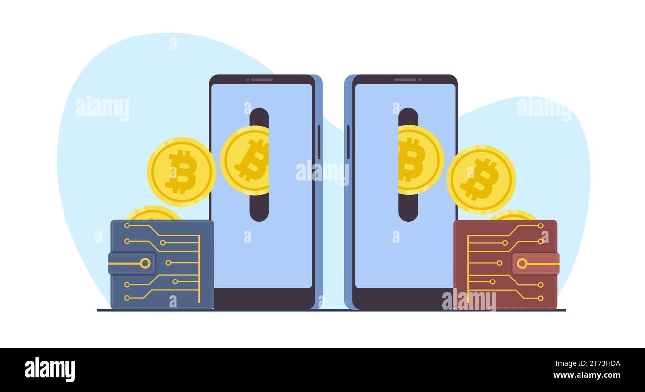 Kryptowährungstransfer von einem eWallet zu einem anderen. Smartphones und kalter Bitcoin. Währungstransaktion und -Umtausch. Online-Anwendung für den Aktienhandel Stock Vektor